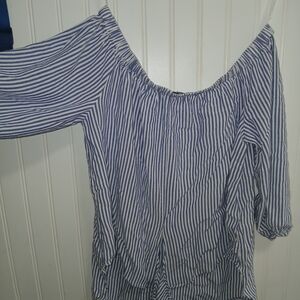 Aakaa Blue and White Striped Off Shoulder Blouse Size S